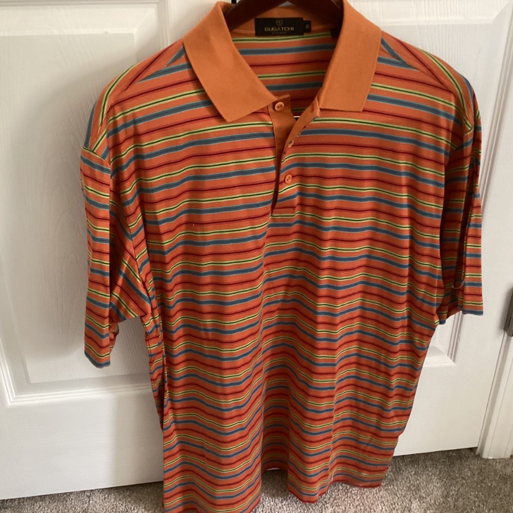 Men’s BUGATCHI Orange Striped 1/4 Button Up Polo Shirt 100% Egyptian Cotton XL - Picture 2 of 7